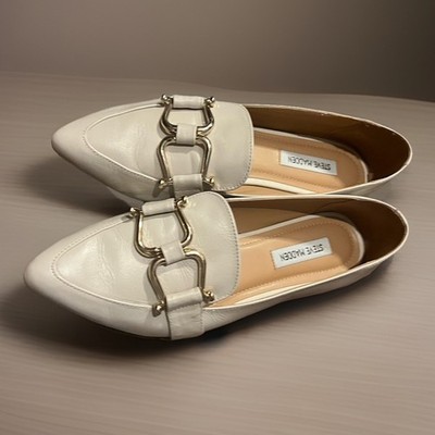 SteveMadden Cream-Ivory Leather pointed-toe horsebit loafers 9.5 + gold accent