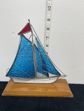 Handcrafted Stained Glass Sail Boat Figure on Wooden Base Vintage Blue Sail