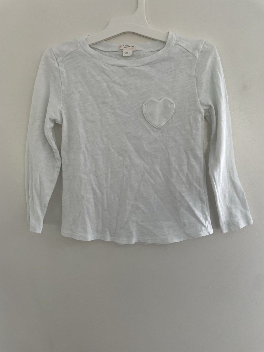 Crewcuts Toddler Girl Solid White 100% Cotton Heart Pocket Long Sleeve Shirt XXS