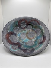 Vintage Abstract Stoneware Studio Pottery Turquoise Rust Glazed 9” Signed Reiver