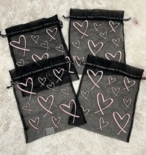 NEW Victoria  s Secret Lot of 4 Lingerie Bags Black Mesh Drawstring Pink Hearts