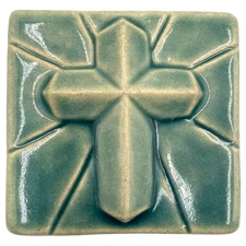 Pewabic Pottery Art Tile Detroit Green Celadon Cross 4"x4.25" Beautiful Art!