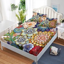 Boho Floral Bedding Sheets  Pillowcases Soft Microfiber Fitted Sheet Deep Po...