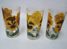 3 Mid Century Boscul Peanut Butter Glasses Pansy 5" 2 Name on Top 1 on Bottom
