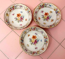 1945 Schumann Bavaria Empress Dresden Flowers 3 Fruit Sauce Bowls US Zone Orange