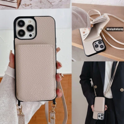 Hülle mit Handykette für iPhone 16 15 Pro Max 14 13 12 11 Leder Kartenfach Case - Bild 1 von 4