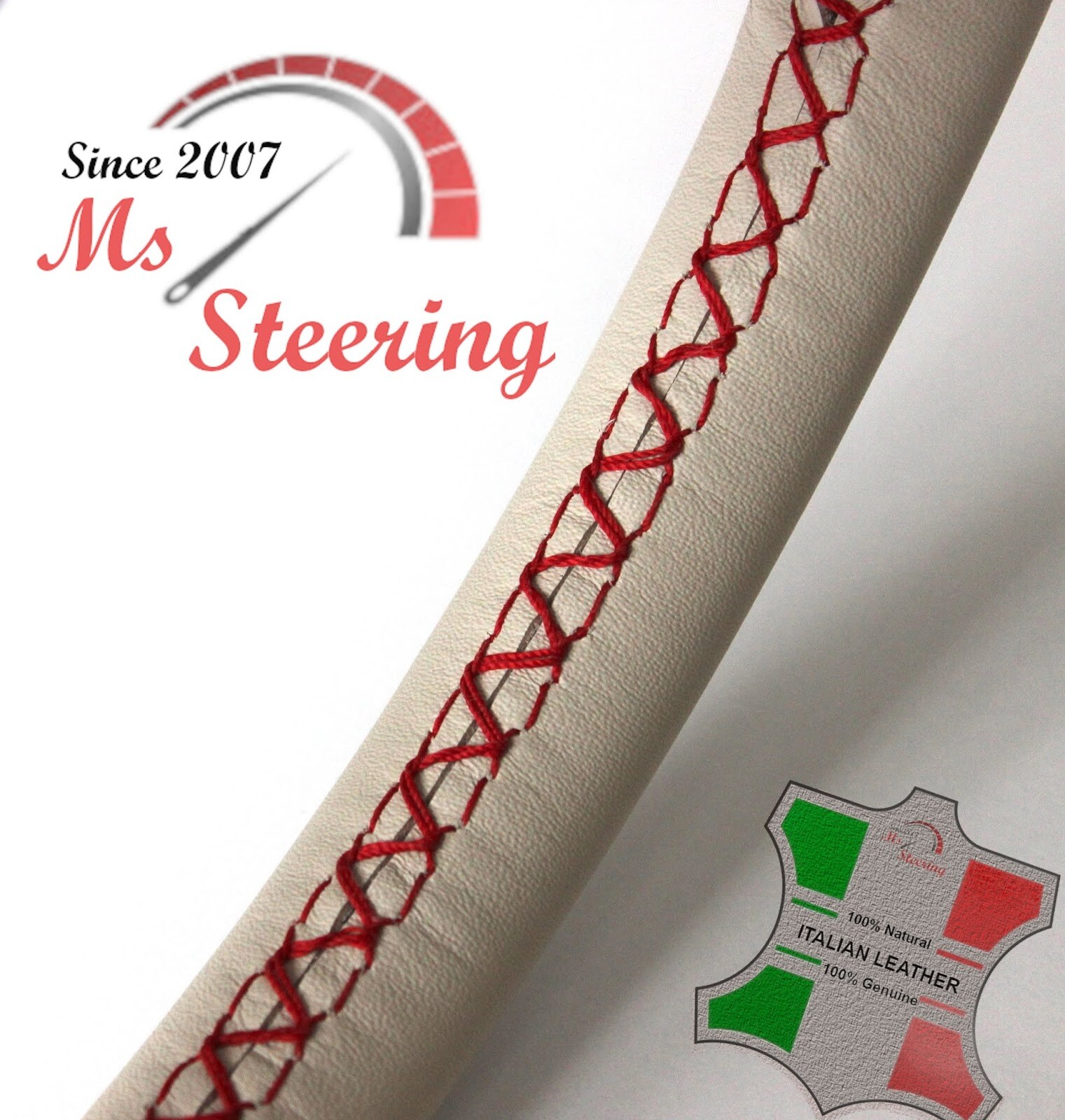 FUR INFINITI QX 13-13 CREAM LEATHER STEERING WHEEL COVER, RED 2 STIT