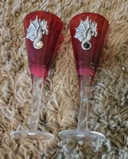 Vintage Pair of 6" Red Glasses (Metal Dragon and Gemstone Decoration on Each)