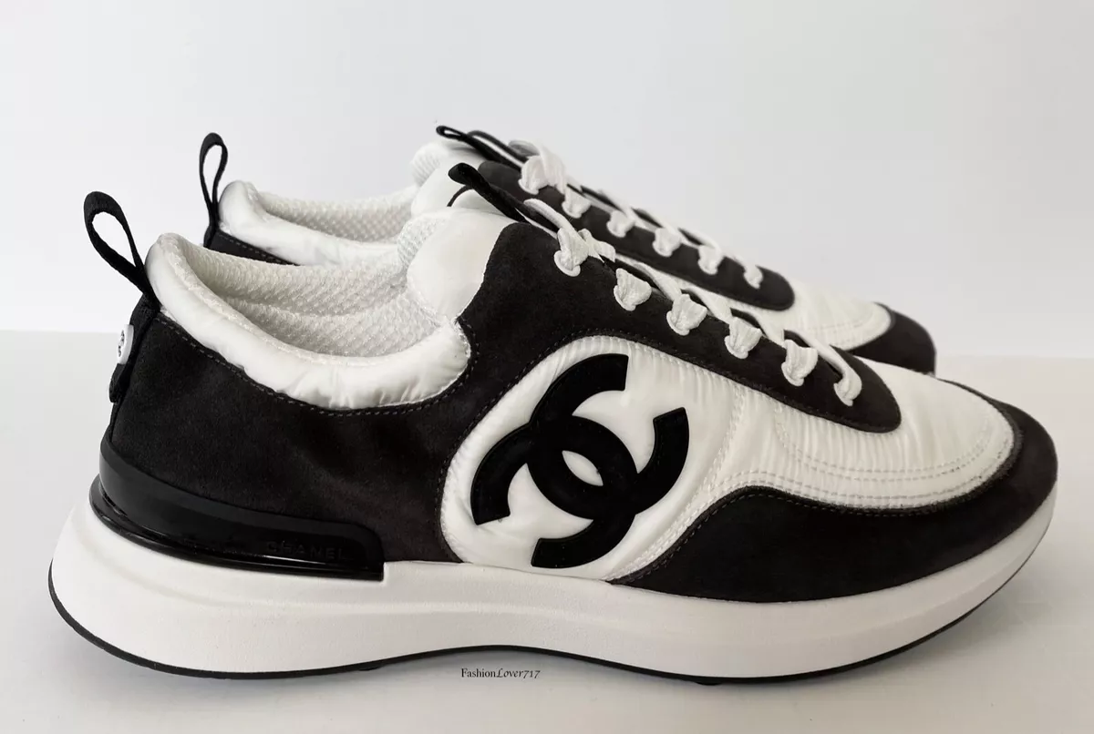 21P CHANEL DARK GREY WHITE SUEDE LEATHER NYLON CC LOGO SNEAKERS 40.5