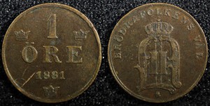 Sweden Oscar II Bronze 1881 1 Öre extra Large letters XF KM# 750 (22 144)