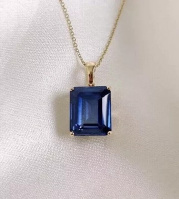 Natural Blue Sapphire Women's Pendant 4Ct Emerald Cut 14K Yellow Gold Plated