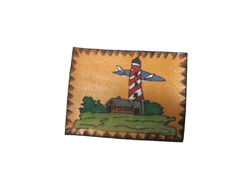 Vintage Studio Leather LightHouse Button. Attached Subject, Painted, Border, New - Picture 2 of 5