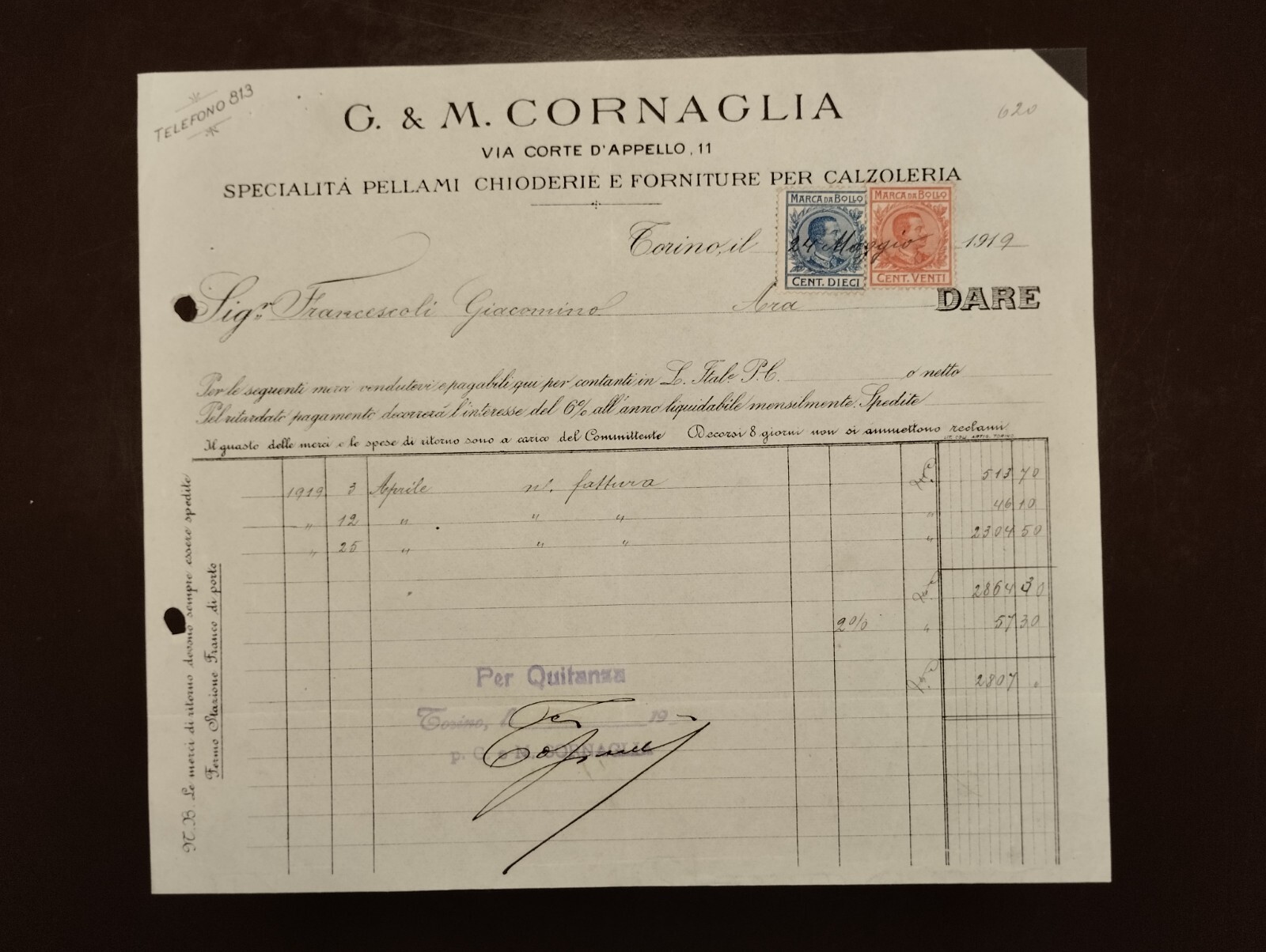 Fattura Torino Pellami Chioderie Forniture Calzoleria CORNAGLIA 1919 QX3546