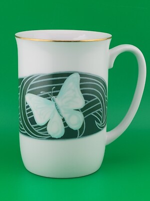 Nieman Marcus Green Butterfly White Ceramic Coffee Cup Mug Kitchen 4''