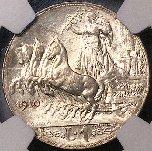 1910 NGC MS 64 Italy 1 Lira Horses Chariot Silver Coin Pop 1/3 (23050704D)