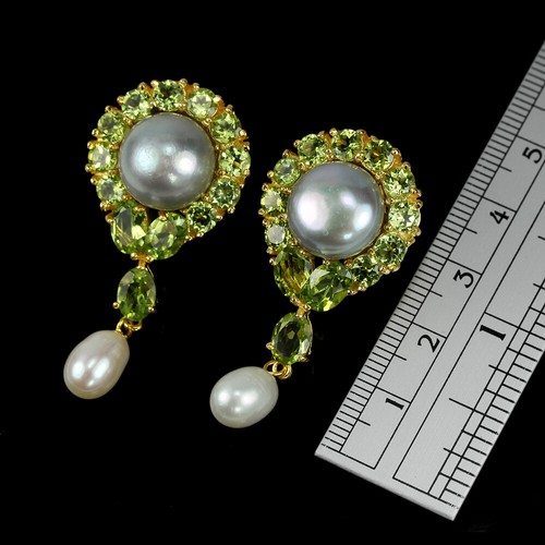 NATURAL MULTI COLOR PEARL CABOCHON & GREEN PERIDOT STERLING 925 SILVER EARRING - Picture 10 of 10