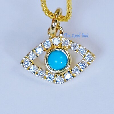 14K Solid Yellow Gold Diamond Sleeping Beauty Turquoise Evil Eye Charm Pendant