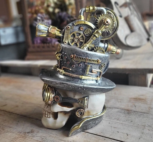 Statua teschio steampunk oro argento antico gotico stile steampunk nuovo - Immagine 4 di 4