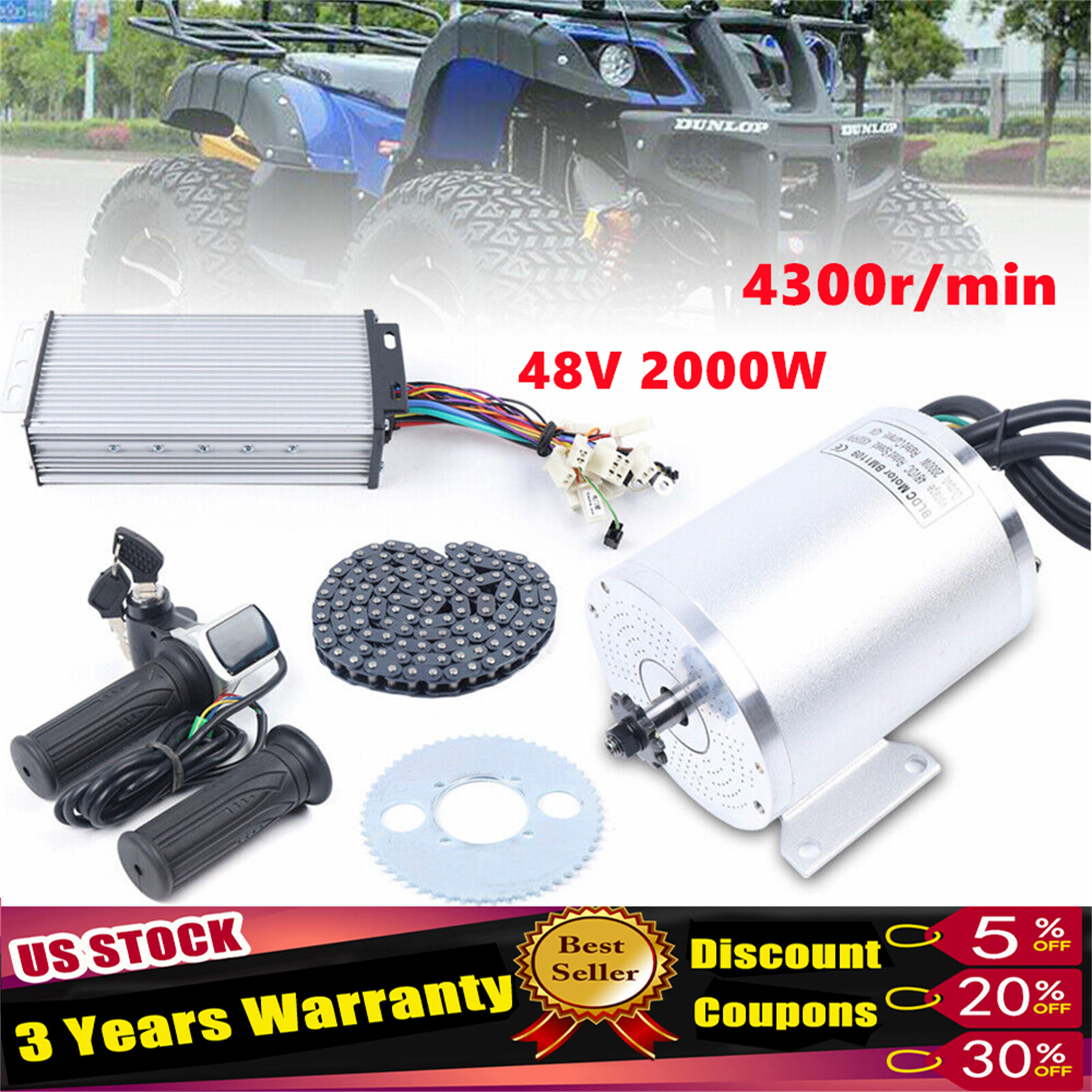 2000W 48V DC Electric Brushless Motor Kit For Electric Scooter E-Bike Go-Cart