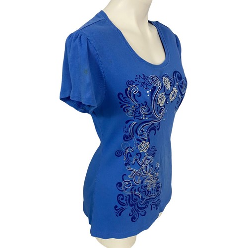Style & Co Top Womens XL Blue Ribbed Knit Tee Floral Short Puff Sleeve - Picture 5 of 11