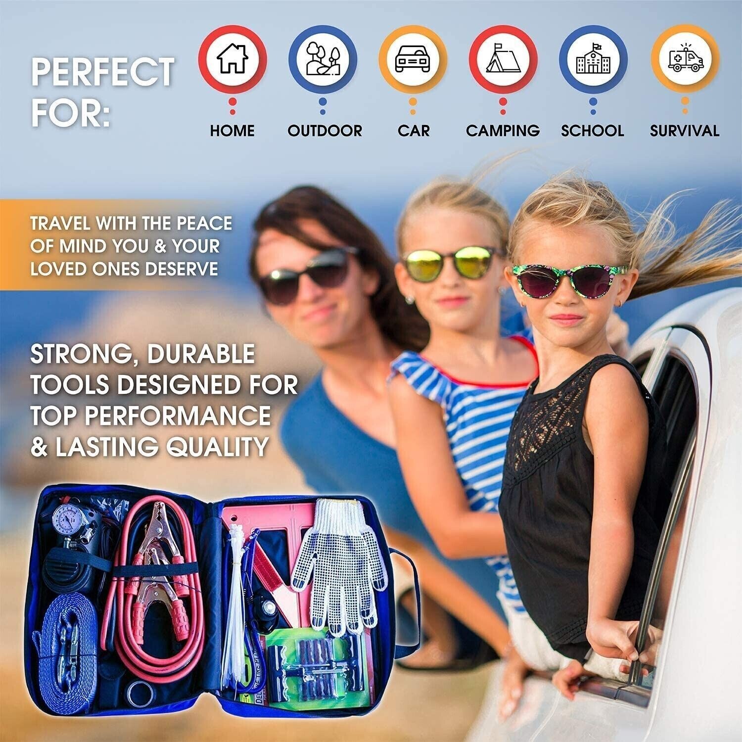 Car Emergency Roadside Tool Kit With Portable Air Compressor Jumper Cables Etc.