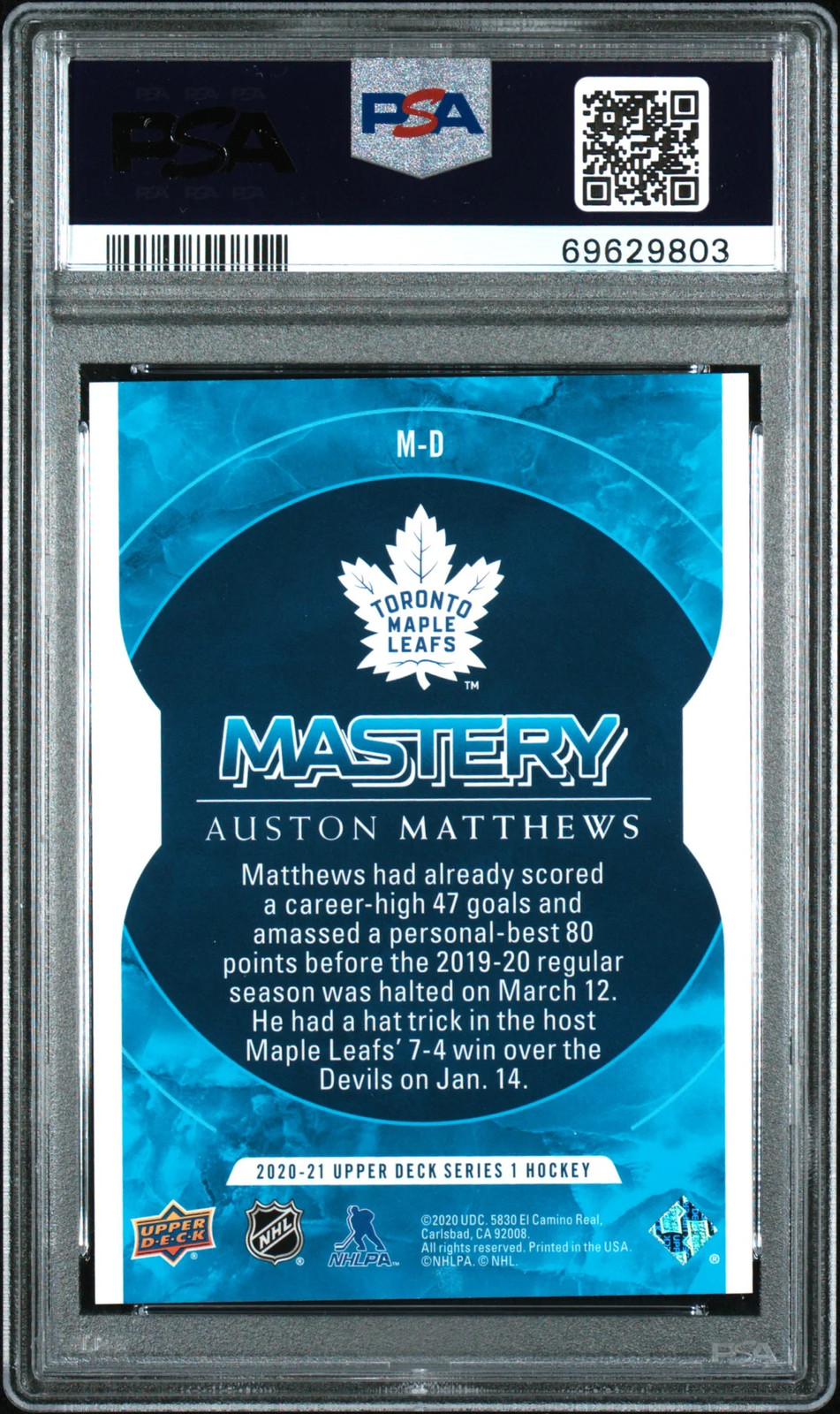 2020 Upper Deck Mastery Achievements Auston Matthews #MD PSA 9 view 2