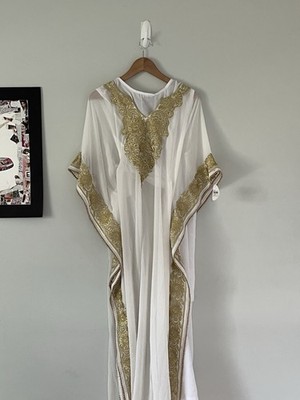 White & Gold Embroidered Kaftan Dress