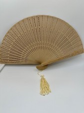 Vintage Wooden Folding Hand Fan Carved Sandalwood Hong Kong NOS