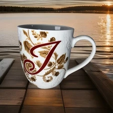 Pier 1 Imports Ava Coffee Mug Monogram “J” White Brown Orange Floral Cup