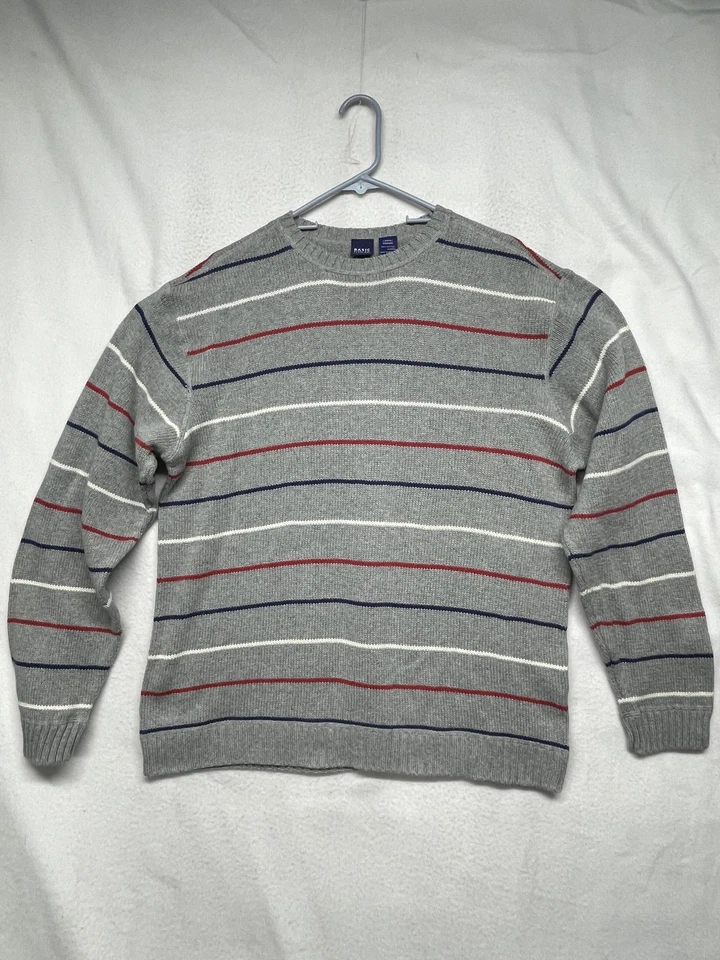 Basic Editions Sweater Mens Large Gray Stripe Crewneck 100% Cotton Pullover - Image 2 of 4