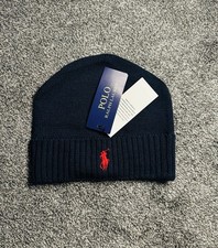 Polo Ralph Lauren Men's Navy Blue Beanie Hat 100% Cotton with red Logo