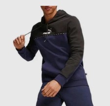 Puma Mens Colorblock Hoodie Sweatshirt Pullover Logo Long Sleeve Blue Black XL