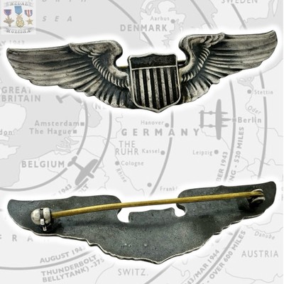 WWII U.S. ARMY AIR CORPS PILOT WINGS STERLING BADGE 3” SIZE 26G