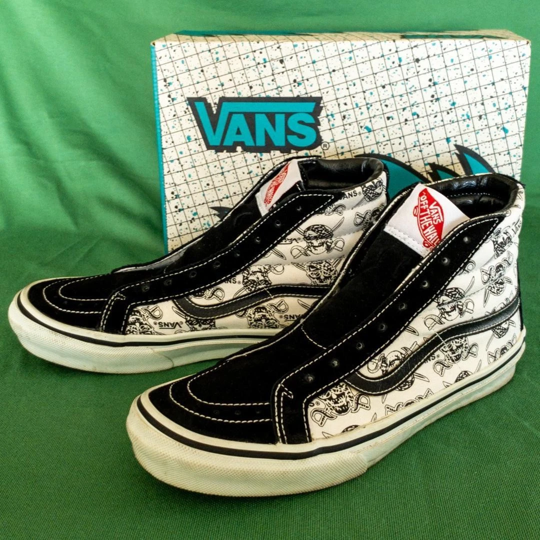 Vans Sk8 Hi V38 Retro Nero Bianco Pirati Scamosciato Tela Vinile 427368 0005 Uomo Us8