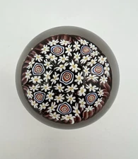 Murano White Daisy & Bullseye Millefiori Art Glass Paperweight 1.5” Italy