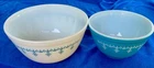 Pyrex Vintage Snowflake Garland 401 & 402 Mixing Bowl Blue White EUC VTG