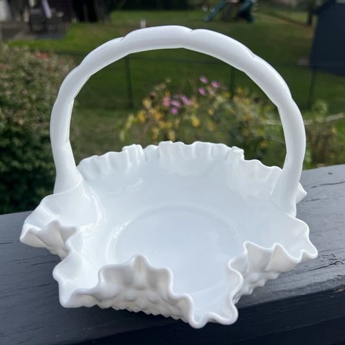 Vintage Fenton Hobnail Milk Glass Basket Dish w/ Rope Handle Ruffled Edge 8”