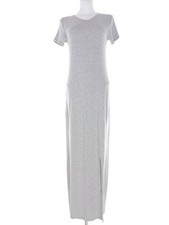 Evening Glam Maxi Dress Grey Jersey Shift Short Sleeve Side Slit Stretch S