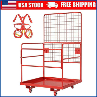 45x43'' Steel Forklift Safety Cage 1800LBS Heavy Duty Man Basket Harness & Wheels