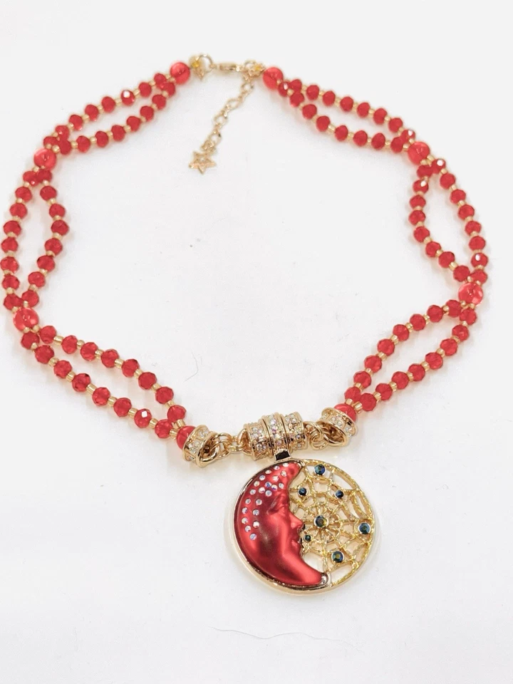 Pingente magnético assinado Kirk’s Folly RARO lua vermelha e colar vermelho com contas duplas - Imagem 2 de 4