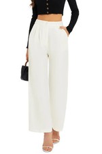 Women's Wide Leg Trousers High Waist Pleated Front Elastic Back Pants White L