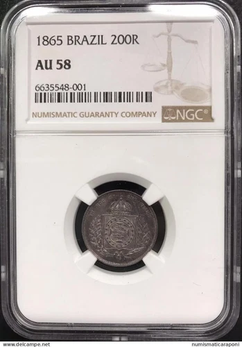 BRAZIL BRAZIL Pedro II° 1865 200 reis Ag. KM#469 in slab NGC AU58 - SPL
