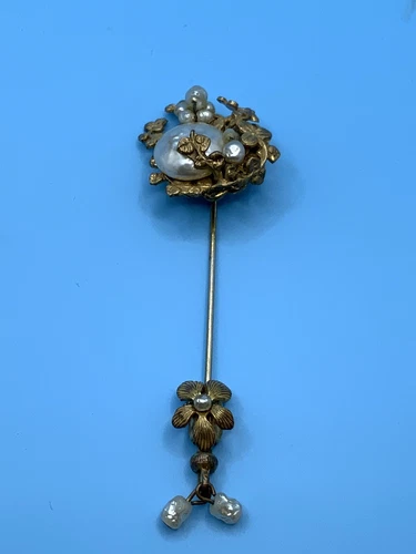 Miriam Haskell Faux Pearl Flower & Gold- Tone Stick Pin Signed Vintage