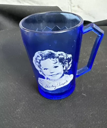 Vintage 1930s Hazel-Atlas Shirley Temple Cobalt Blue Glass Cup Mug  3 5/8" Tall 