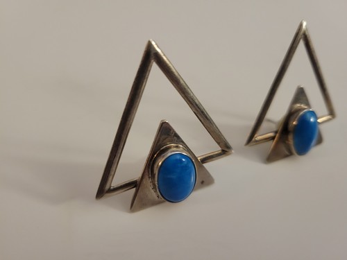 Signed Mexican Modernist Sterling turquoise blue stone Earrings set southwest - Picture 3 of 8