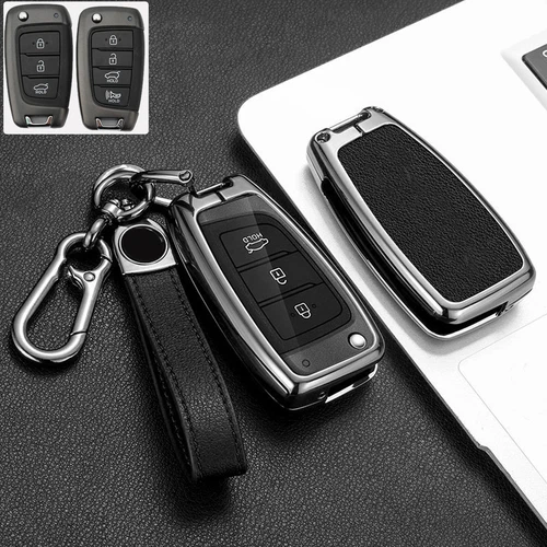 For Hyundai Accent Kona Sonata i30 Zinc Alloy Leather Remote Key Fob Case Cover - Foto 8 di 20