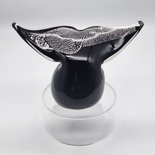 Art Glass Black Cased in Clear Whale Tail Fin Silver Flecked Paperweight HEAVY
