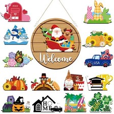 Interchangeable Seasonal Welcome Sign for Front Door Round Welcome Wreaths Po...