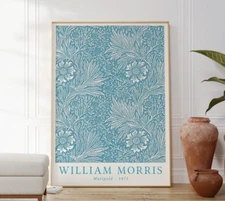 William Morris Marigold Light Blue Floral Pattern Art Poster, Art Nouveau Print
