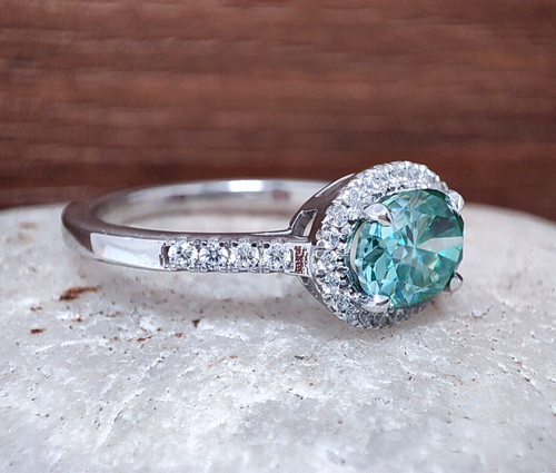 East West 1.76 Ct Blue Green Oval Moissanite Engagement Ring 925 Sterling Silver - Picture 2 of 13
